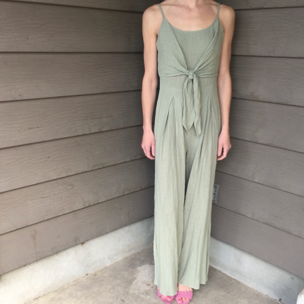 Sage Green Spaghetti Strap Smocked Cutout Back Flowy Jumpsuit